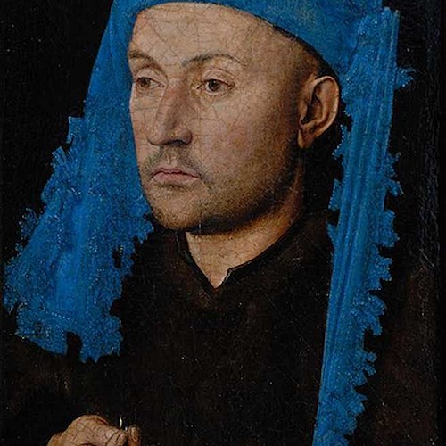 Jan van Eyck, Ritratto d'uomo con copricapo azzurro, 1429 circa olio su tavola, cm 19,1 x 13,2 Sibiu, Muzeul National Brukenthal