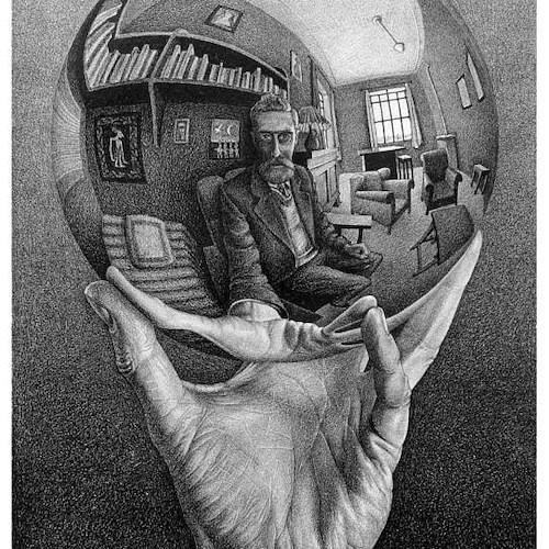 Maurits Cornelis Escher
Mano con sfera riflettente
1935
Litografia, 31,1x21,3
cm
Fondazione M.C. Escher
All M.C. Escher works © 2015 The M.C. Escher
Company
. 
All rights reserved