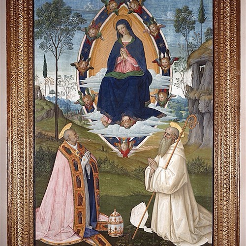 Bernardino di Betto detto il “Pintoricchio” 
(Perugia 1454-Siena 1513)
La Vergine Assunta tra i Santi Gregorio Magno e Benedetto
Oro, tempera su tavola
San Gimignano, Pinacoteca Civica